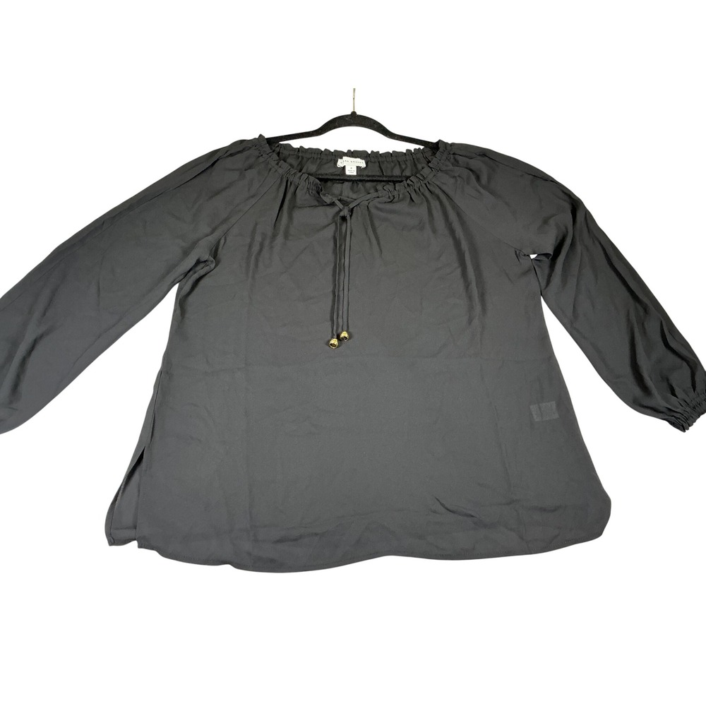 Susan Graver Peasant Blouse Top Black 3/4‎ Sleeve Tie Neck Women Size 8